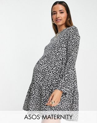 ASOS DESIGN Maternity long sleeve tiered smock mini dress in mono animal print