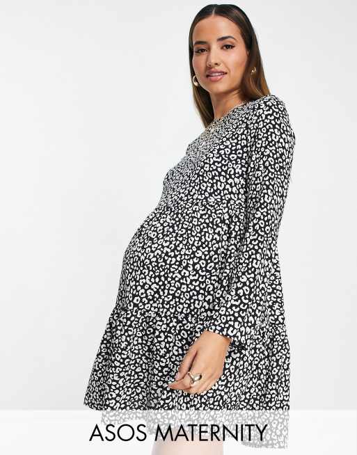 ASOS DESIGN Maternity long sleeve tiered smock mini dress in mono animal print ASOS