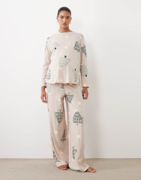 ASOS DESIGN Maternity long sleeve top & wide leg trouser pyjama set in christmas tree print - view 1