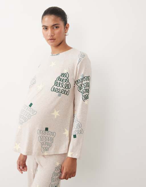ASOS DESIGN Maternity long sleeve top & wide leg trouser pyjama set in christmas tree print, 3 of 4