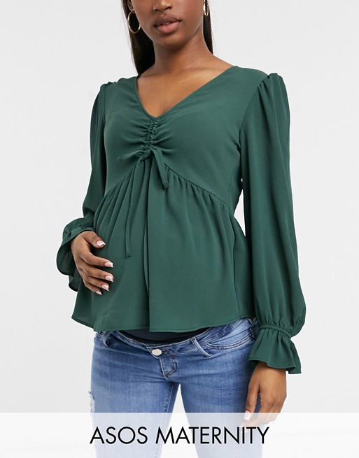 ASOS DESIGN Maternity long sleeve top with ruched front detail in forest green