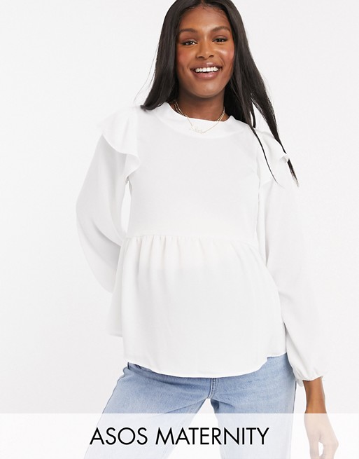 ASOS DESIGN Maternity long sleeve top with ruffle detail in ivory