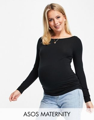 ASOS DESIGN Maternity long sleeve top with slash neck in black
