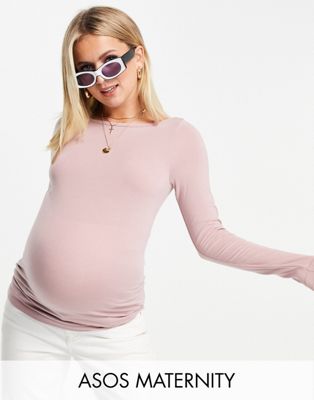 ASOS DESIGN Maternity long sleeve top with slash neck in pink