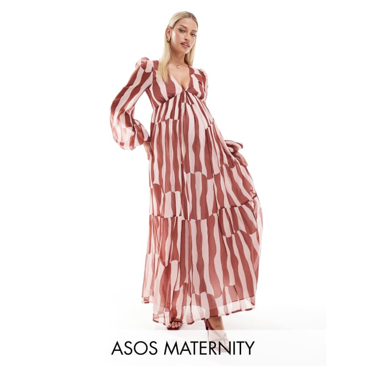 ASOS DESIGN Maternity long sleeve V neck tiered maxi dress in rust abstract  print | ASOS