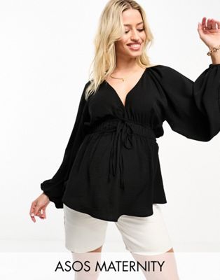 ASOS DESIGN Maternity long sleeve v neck top with kimono sleeve and tie front in black - ASOS Price Checker