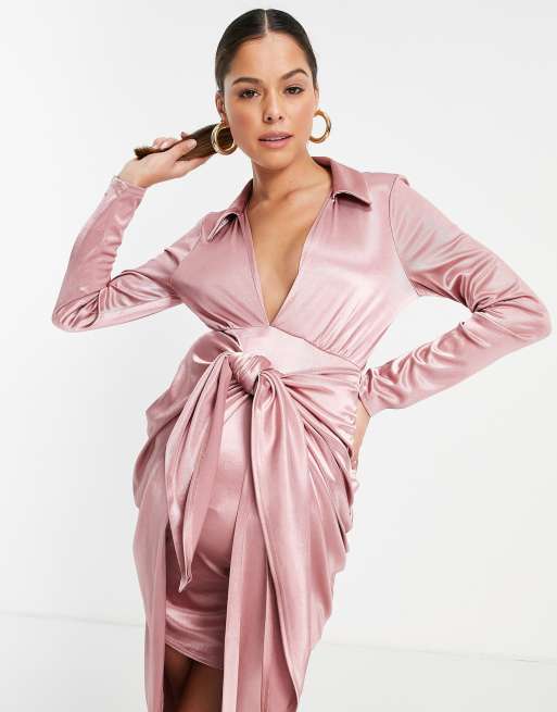 ASOS DESIGN Maternity long sleeve wrap collar midi dress in dusky pink ASOS