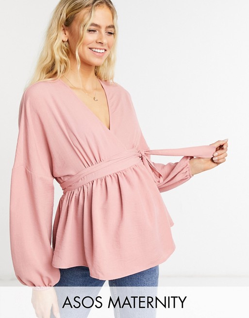ASOS DESIGN Maternity long sleeve wrap front blouse in rose