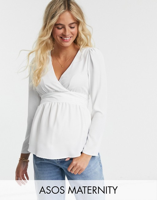 ASOS DESIGN Maternity long sleeve wrap top with waist detail in ivory