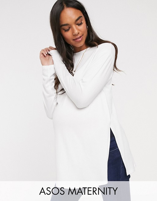 ASOS DESIGN Maternity longline top with long sleeve in textured jersey in white