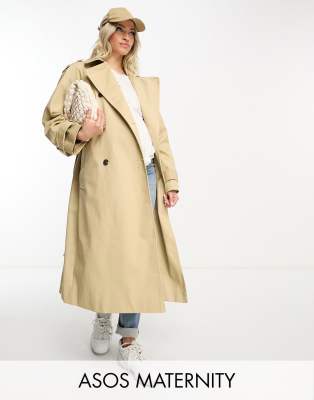 ASOS DESIGN Maternity longline trench coat in stone-Brown