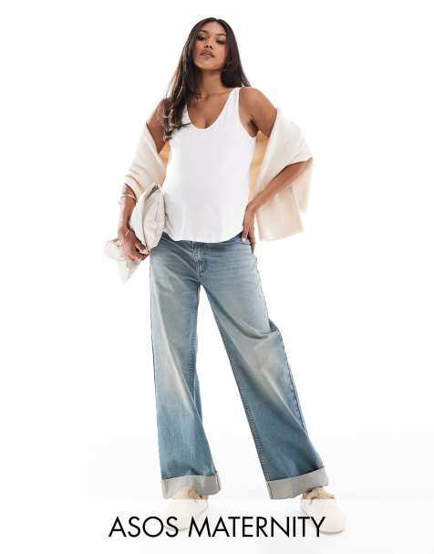 ASOS DESIGN Maternity - Losse jeans met brede boorden met omslag in vale wassing - view 1