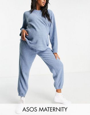 ASOS DESIGN Maternity lounge borg sweat & jogger set in blue - ASOS Price Checker