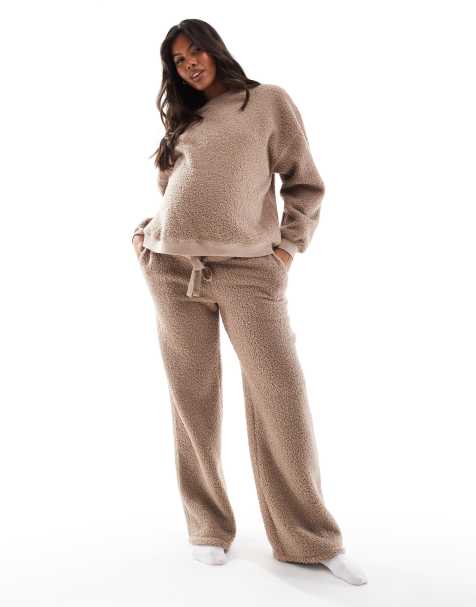 ASOS DESIGN Maternity lounge borg sweat & wide leg pants set in taupe - view 1