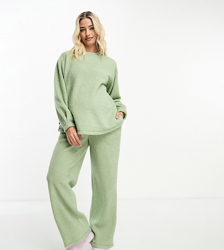 ASOS DESIGN Maternity lounge borg sweat & wide leg trouser set in sage-Green