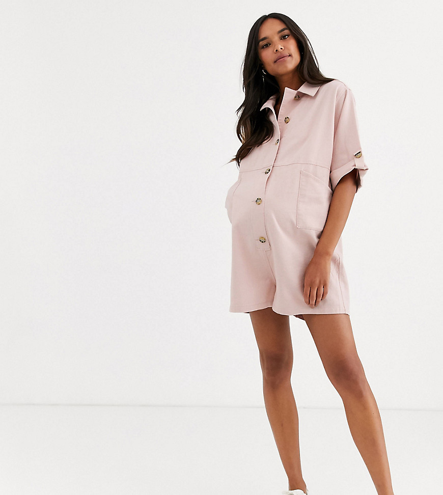 ASOS DESIGN Maternity lounge easy button front playsuit with pockets in blush-Pink