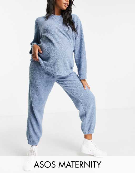 ASOS Asos Design Maternity Cozy Lounge Borg Hoodie & Sweatpants Set in Blue