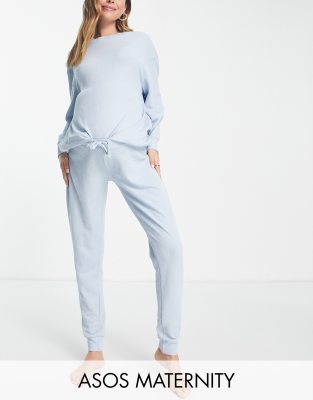ASOS DESIGN Maternity lounge lightweight slubby sweat & sweatpants set in blue