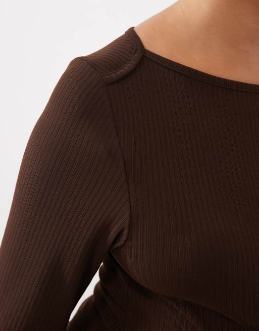ASOS DESIGN Maternity lounge mix & match 3/4 length ribbed boatneck in chocolate, 2 of 4