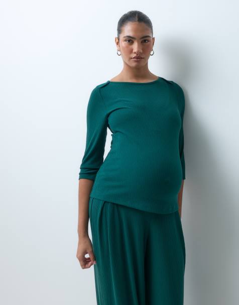 ASOS DESIGN Maternity lounge mix & match 3/4 length ribbed boatneck in dark green - view 1