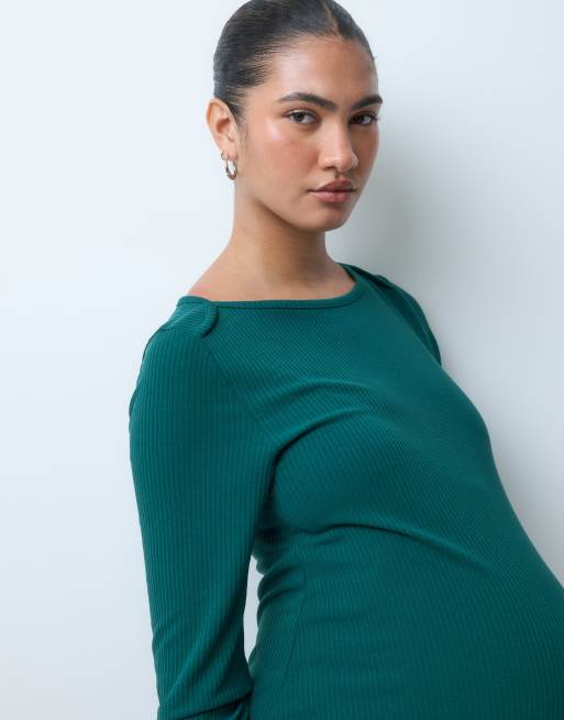 ASOS DESIGN Maternity lounge mix & match 3/4 length ribbed boatneck in dark green, 3 of 5