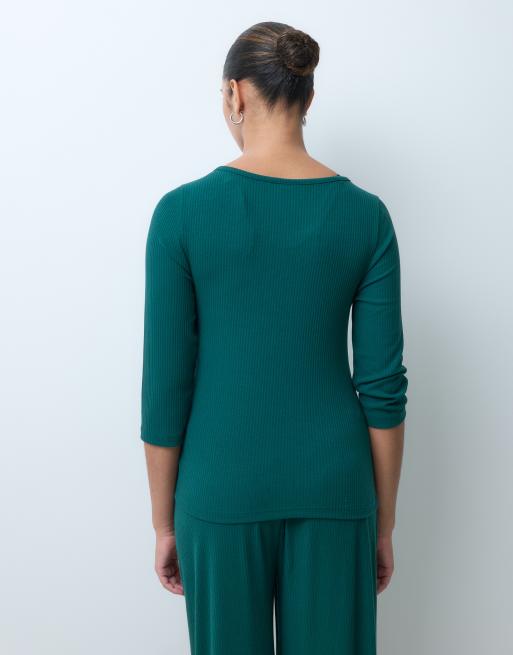 ASOS DESIGN Maternity lounge mix & match 3/4 length ribbed boatneck in dark green, 4 of 5