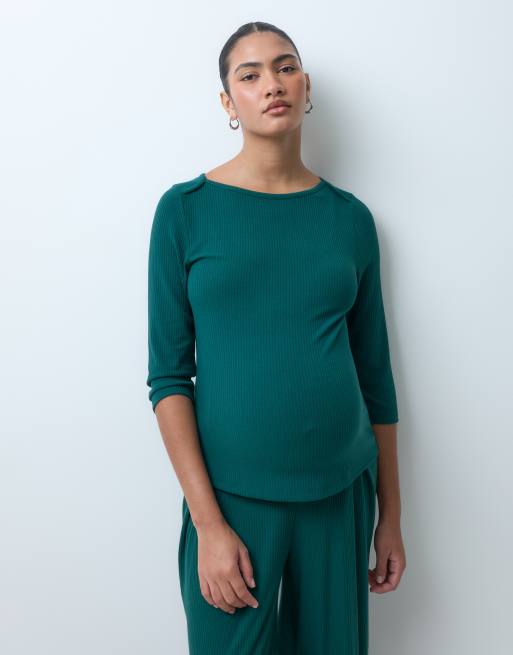 ASOS DESIGN Maternity lounge mix & match 3/4 length ribbed boatneck in dark green, 5 of 5