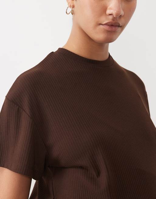 ASOS DESIGN Maternity lounge mix & match lounge rib oversized pyjama tee with side split in chocolate, 2 of 4