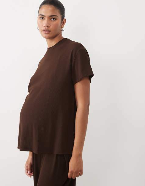 ASOS DESIGN Maternity lounge mix & match lounge rib oversized tee with side split in chocolate - view 1