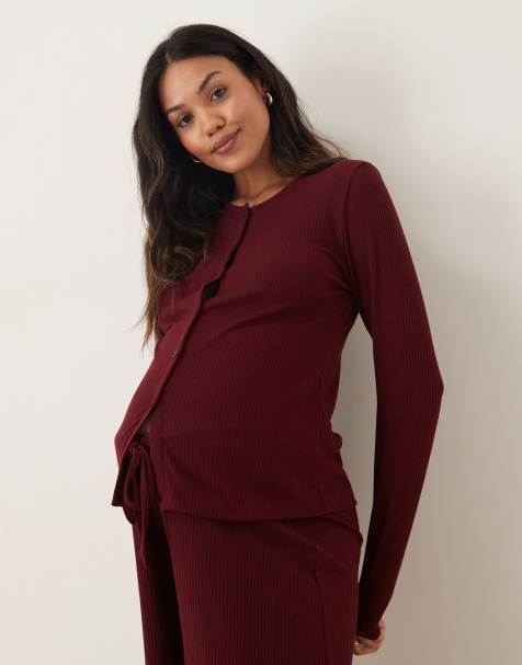 ASOS DESIGN Maternity lounge mix & match rib cardigan in burgundy - view 1