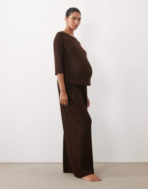 ASOS DESIGN Maternity lounge mix & match rib wide leg bottom in chocolate - view 1