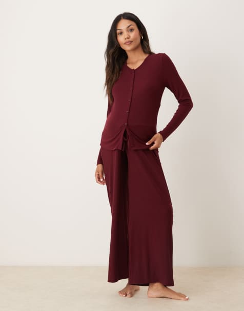 ASOS DESIGN Maternity lounge mix & match rib wide leg pants in burgundy - view 1