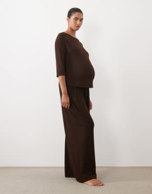 Asos Maternity Asos Design Maternity Lounge Mix & Match Rib Wide Leg Pyjama Bottom In Brown