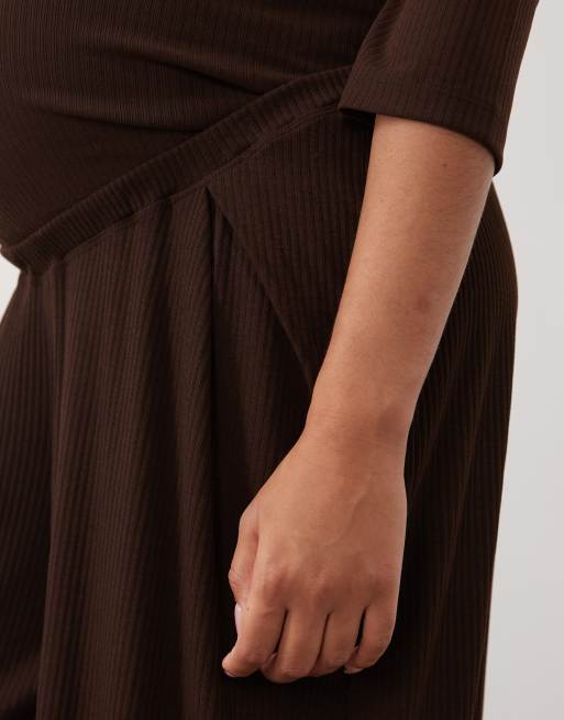 ASOS DESIGN Maternity lounge mix & match rib wide leg pyjama bottom in chocolate, 3 of 5