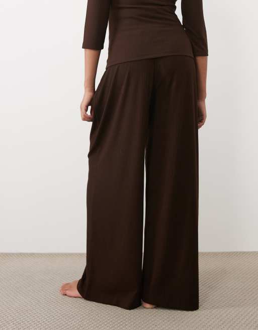ASOS DESIGN Maternity lounge mix & match rib wide leg pyjama bottom in chocolate, 4 of 5