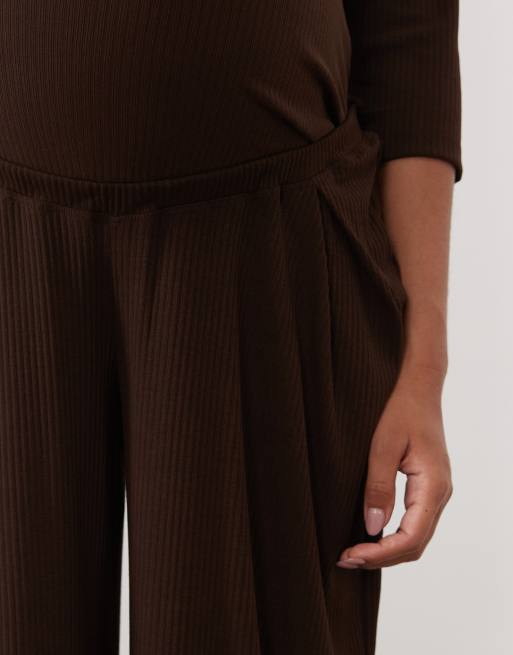ASOS DESIGN Maternity lounge mix & match rib wide leg pyjama bottom in chocolate, 5 of 5