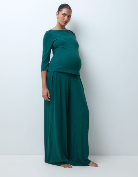 ASOS DESIGN Maternity lounge mix & match rib wide leg pyjama bottom in dark green - view 1