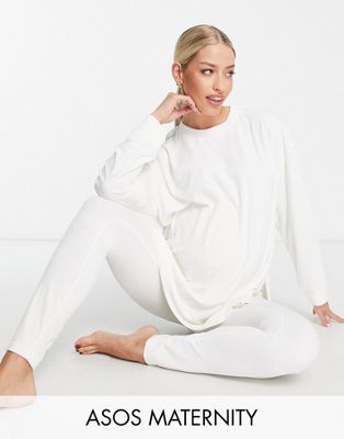 ASOS DESIGN Maternity lounge rib velour sweat & legging set in cream