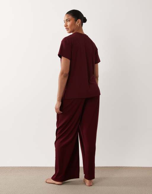 ASOS DESIGN Maternity lounge ribbed mix & match wide leg pyjama bottom in fig, 2 of 4