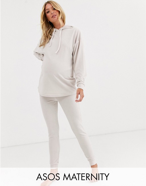 ASOS DESIGN Maternity lounge ribbed velour drop armhole hoodie & legging set