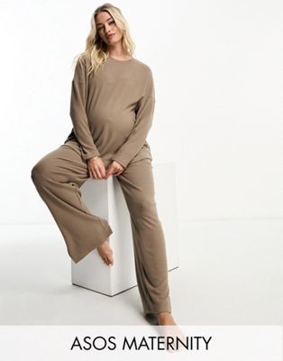 ASOS DESIGN Maternity lounge soft touch rib sweat & trouser set in brown