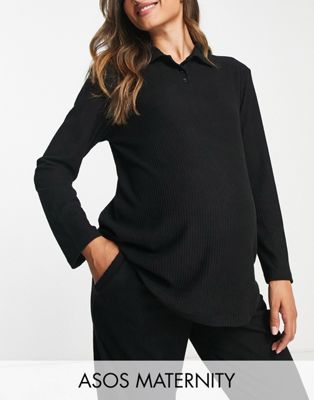 ASOS DESIGN Maternity lounge super soft collared top & jogger set in black