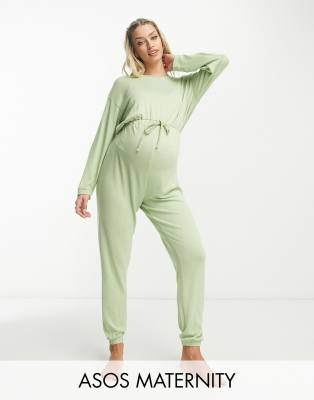 ASOS DESIGN Maternity lounge super soft jumpsuit in sage-Neutral