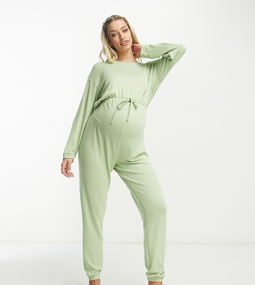 ASOS DESIGN Maternity lounge super soft jumpsuit in sage-Neutral