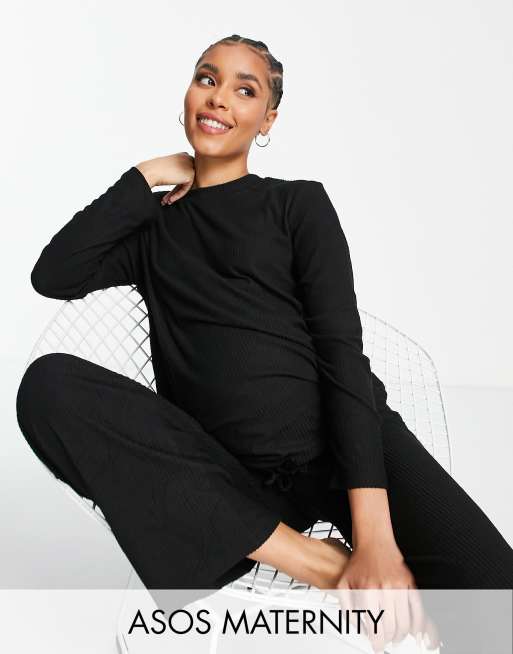 Asos Design Maternity Lounge Super Soft Rib Sweat And Wide Leg Trouser Set In Black Asos 8340