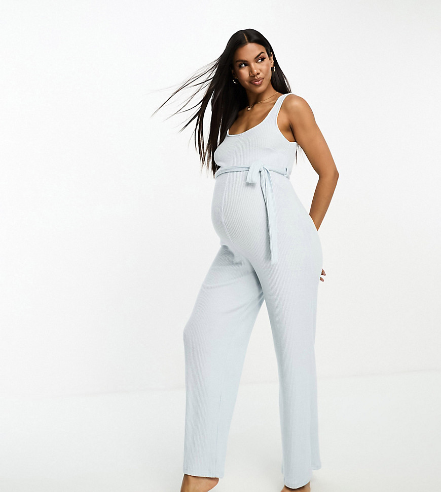 Asos Maternity Asos Design Maternity Lounge Super Soft Ribbed Square Neck Jumpsuit In Blue