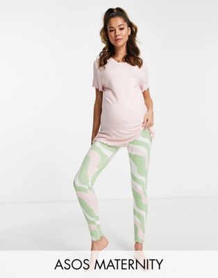 ASOS DESIGN Maternity lounge super soft tee & swirl legging set in pink, green & white