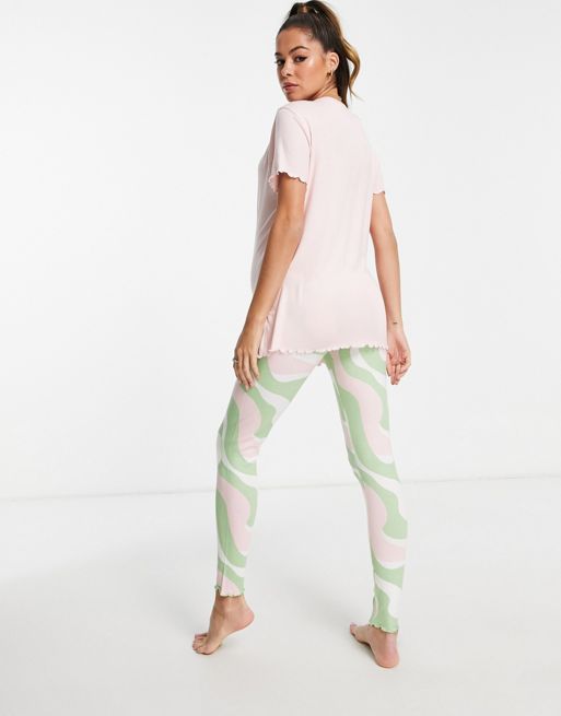 ASOS DESIGN Maternity lounge super soft tee & swirl leggings set in pink,  green & white