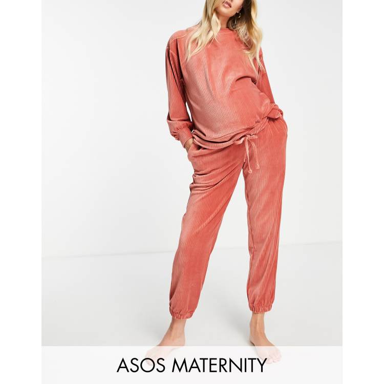 ASOS DESIGN Maternity lounge velour rib sweat jogger set in rust