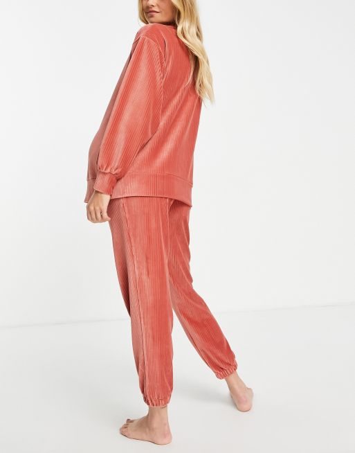 ASOS DESIGN Maternity lounge velour rib sweatshirt & sweatpants set in rust